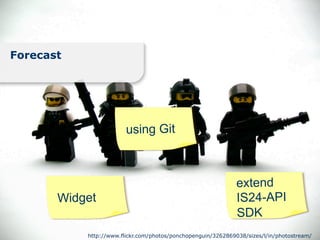 Forecast




                        using Git



                                                              extend
       Widget                                                 IS24-API
                                                              SDK
           http://www.flickr.com/photos/ponchopenguin/3262869038/sizes/l/in/photostream/
 