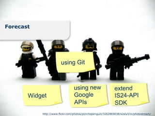 Forecast




                        using Git



                                 using new                    extend
       Widget                    Google                       IS24-API
                                 APIs                         SDK
           http://www.flickr.com/photos/ponchopenguin/3262869038/sizes/l/in/photostream/
 