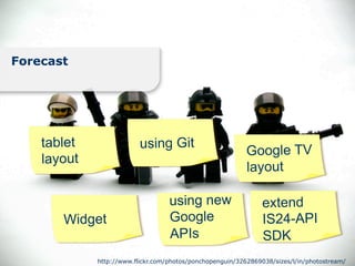 Forecast




    tablet                using Git
                                                           Google TV
    layout
                                                           layout

                                   using new                    extend
       Widget                      Google                       IS24-API
                                   APIs                         SDK
             http://www.flickr.com/photos/ponchopenguin/3262869038/sizes/l/in/photostream/
 