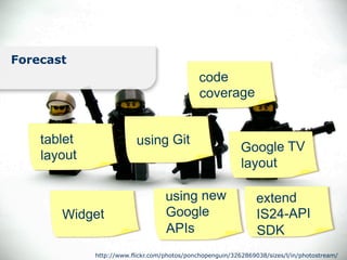 Forecast
                                             code
                                             coverage


    tablet                using Git
                                                           Google TV
    layout
                                                           layout

                                   using new                    extend
       Widget                      Google                       IS24-API
                                   APIs                         SDK
             http://www.flickr.com/photos/ponchopenguin/3262869038/sizes/l/in/photostream/
 