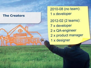 2010-08 (no team):
The Creators
               1 x developer
               2012-02 (2 teams):
               7 x developer
               2 x QA-engineer
               2 x product manager
               1 x designer
 