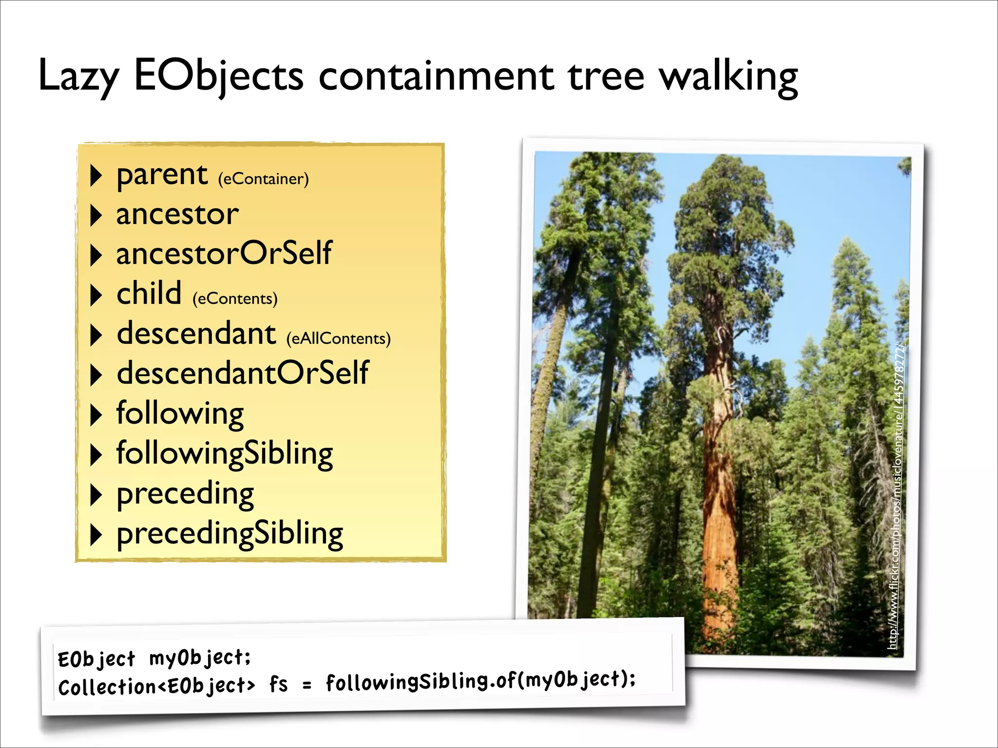 Lazy EObjects containment tree walking

   ‣ parent     (eContainer)

   ‣ ancestor
   ‣ ancestorOrSelf
   ‣ child   (eContents)

   ‣ descendant            (eAllContents)




                                                                         445978272/
   ‣ descendantOrSelf
   ‣ following




                                                           http://www.ﬂickr.com/photos/musiclovenature/1
   ‣ followingSibling
   ‣ preceding
   ‣ precedingSibling

 EObject myObject;
 Collection<EObject> fs = followingSibling.of(myObject);
 