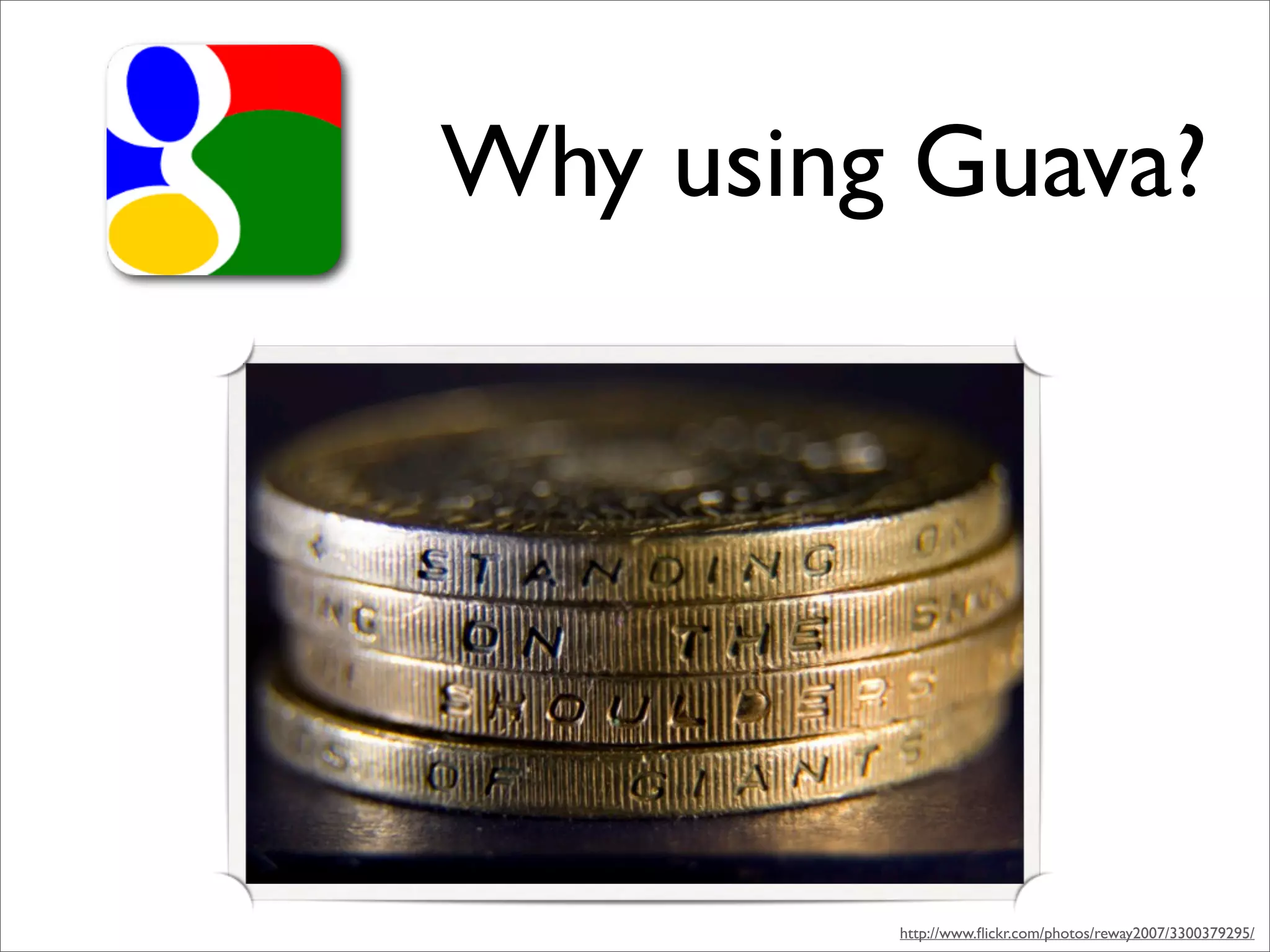 Why using Guava?




         http://www.ﬂickr.com/photos/reway2007/3300379295/
 