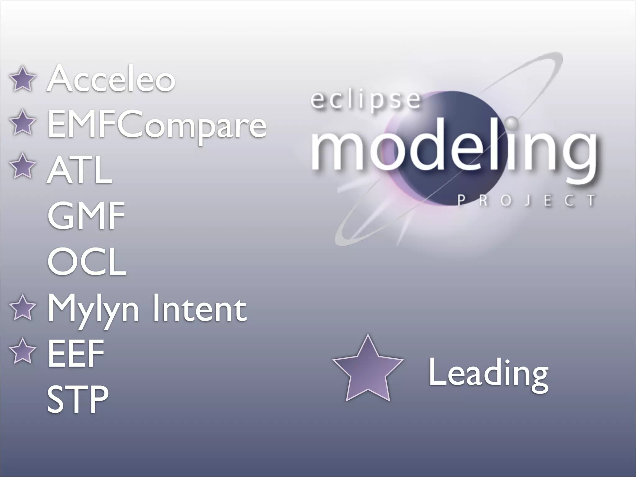 Acceleo
EMFCompare
ATL
GMF
OCL
Mylyn Intent
EEF            Leading
STP
 