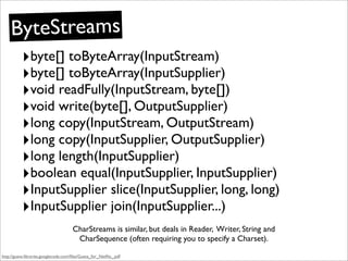 ByteStreams
           ‣byte[] toByteArray(InputStream)
           ‣byte[] toByteArray(InputSupplier)
           ‣void readFully(InputStream, byte[])
           ‣void write(byte[], OutputSupplier)
           ‣long copy(InputStream, OutputStream)
           ‣long copy(InputSupplier, OutputSupplier)
           ‣long length(InputSupplier)
           ‣boolean equal(InputSupplier, InputSupplier)
           ‣InputSupplier slice(InputSupplier, long, long)
           ‣InputSupplier join(InputSupplier...)
                                      CharStreams is similar, but deals in Reader, Writer, String and
                                       CharSequence (often requiring you to specify a Charset).

http://guava-libraries.googlecode.com/ﬁles/Guava_for_Netﬂix_.pdf
 