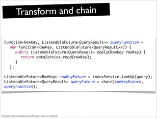 Transform and chain

   Function<RowKey, ListenableFuture<QueryResult>> queryFunction =
     new Function<RowKey, ListenableFuture<QueryResult>>() {
     	 public ListenableFuture<QueryResult> apply(RowKey rowKey) {
     	 	 return dataService.read(rowKey);
     	 }
     };

   ListenableFuture<RowKey> rowKeyFuture = indexService.lookUp(query);
   ListenableFuture<QueryResult> queryFuture = chain(rowKeyFuture,
   queryFunction);




http://guava-libraries.googlecode.com/ﬁles/guava-concurrent-slides.pdf
 