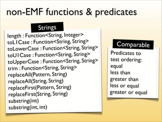 non-EMF functions & predicates
            Strings
length : Function<String, Integer>
toL1Case : Function<String, String> ...