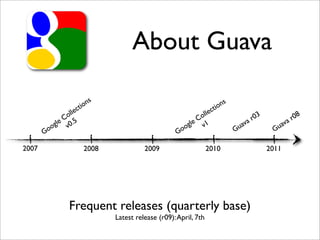 About Guava

                            s                                               s
                       ti on                                          ti on
                      c
                  lle                                           llec
                Co 5                                          Co                     a r03          a r08
             gle v0.                                       gle v1                 uav            uav
       G   oo                                          G oo                     G              G

2007                      2008             2009                     2010                     2011




                   Frequent releases (quarterly base)
                                 Latest release (r09): April, 7th
 