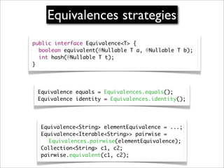 Equivalences strategies
public interface Equivalence<T> {
  boolean equivalent(@Nullable T a, @Nullable T b);
  int hash(@Nullable T t);
}




 Equivalence equals = Equivalences.equals();
 Equivalence identity = Equivalences.identity();




  Equivalence<String> elementEquivalence = ...;
  Equivalence<Iterable<String>> pairwise =
  	 Equivalences.pairwise(elementEquivalence);
  Collection<String> c1, c2;
  pairwise.equivalent(c1, c2);
 