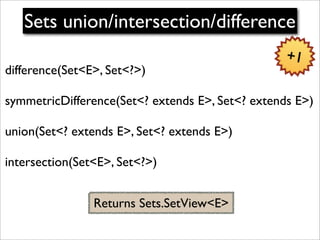 Sets union/intersection/difference
                                                  +1
difference(Set<E>, Set<?>)

symmet...
