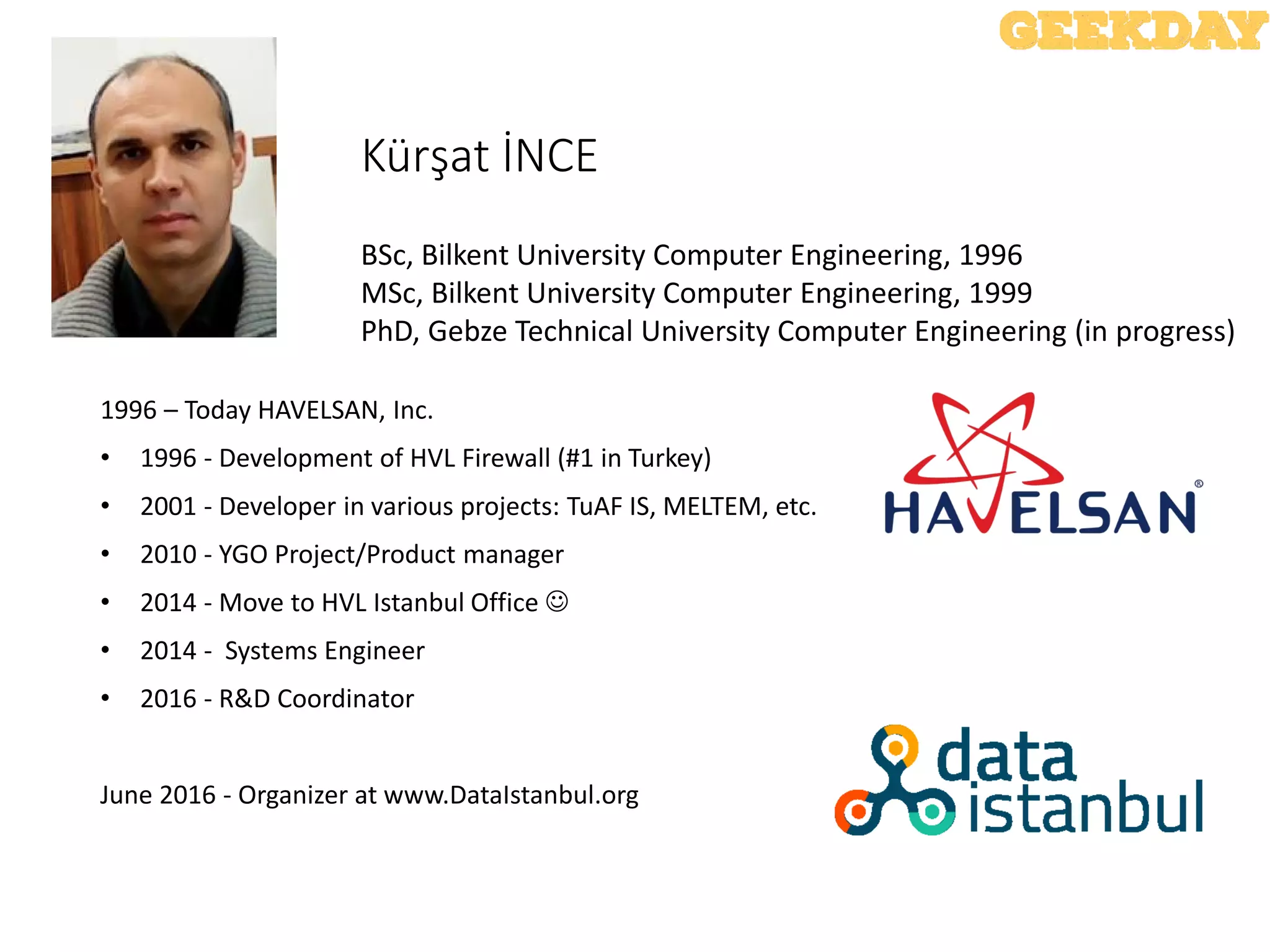 Kürşat İNCE
1996 – Today HAVELSAN, Inc.
• 1996 - Development of HVL Firewall (#1 in Turkey)
• 2001 - Developer in various projects: TuAF IS, MELTEM, etc.
• 2010 - YGO Project/Product manager
• 2014 - Move to HVL Istanbul Office 
• 2014 - Systems Engineer
• 2016 - R&D Coordinator
June 2016 - Organizer at www.DataIstanbul.org
BSc, Bilkent University Computer Engineering, 1996
MSc, Bilkent University Computer Engineering, 1999
PhD, Gebze Technical University Computer Engineering (in progress)
 