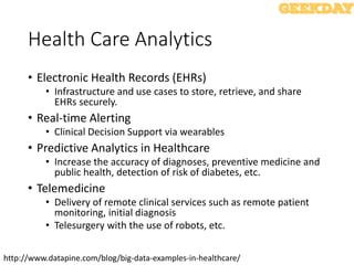 Health Care Analytics
• Electronic Health Records (EHRs)
• Infrastructure and use cases to store, retrieve, and share
EHRs securely.
• Real-time Alerting
• Clinical Decision Support via wearables
• Predictive Analytics in Healthcare
• Increase the accuracy of diagnoses, preventive medicine and
public health, detection of risk of diabetes, etc.
• Telemedicine
• Delivery of remote clinical services such as remote patient
monitoring, initial diagnosis
• Telesurgery with the use of robots, etc.
http://www.datapine.com/blog/big-data-examples-in-healthcare/
 