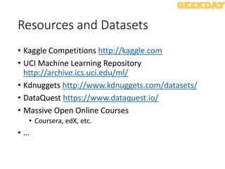 Resources and Datasets
• Kaggle Competitions http://kaggle.com
• UCI Machine Learning Repository
http://archive.ics.uci.edu/ml/
• Kdnuggets http://www.kdnuggets.com/datasets/
• DataQuest https://www.dataquest.io/
• Massive Open Online Courses
• Coursera, edX, etc.
• …
 