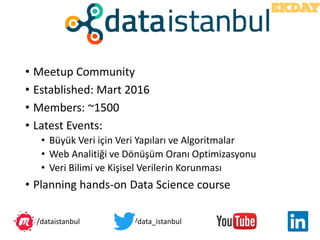 • Meetup Community
• Established: Mart 2016
• Members: ~1500
• Latest Events:
• Büyük Veri için Veri Yapıları ve Algoritmalar
• Web Analitiği ve Dönüşüm Oranı Optimizasyonu
• Veri Bilimi ve Kişisel Verilerin Korunması
• Planning hands-on Data Science course
/data_istanbul/dataistanbul
 