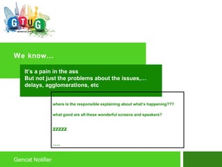 Gencat Notifier We know… It’s a pain in the ass  But not just the problems about the issues,… delays, agglomerations, etc where is the responsible explaining about what’s happening??? what good are all these wonderful screens and speakers? zzzzz … . 