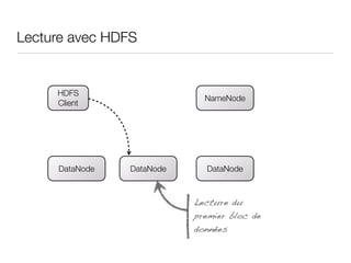 Lecture avec HDFS


     HDFS
                             NameNode
     Client




     DataNode   DataNode     DataNode
...