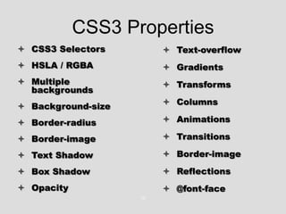 CSS3 PropertiesCSS3 SelectorsHSLA / RGBAMultiple backgroundsBackground-sizeBorder-radiusBorder-imageText ShadowBox Shadow Opacity10Text-overflow