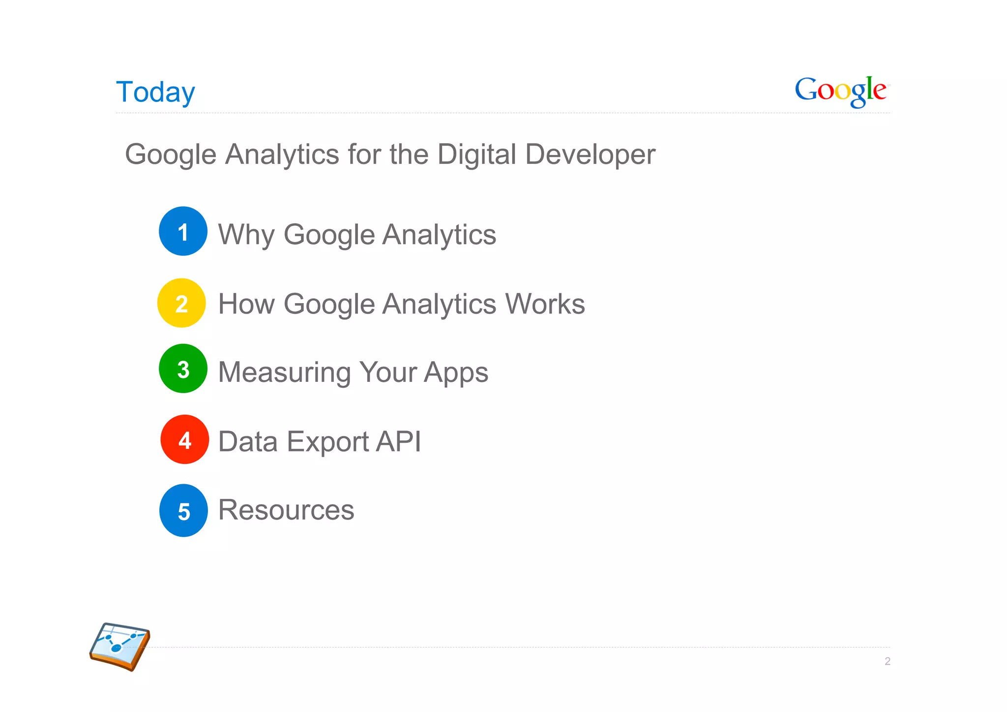 Today

Google Analytics for the Digital Developer

    1   Why Google Analytics

    2   How Google Analytics Works

    3   Measuring Your Apps

    4   Data Export API

    5   Resources




                                             2
 