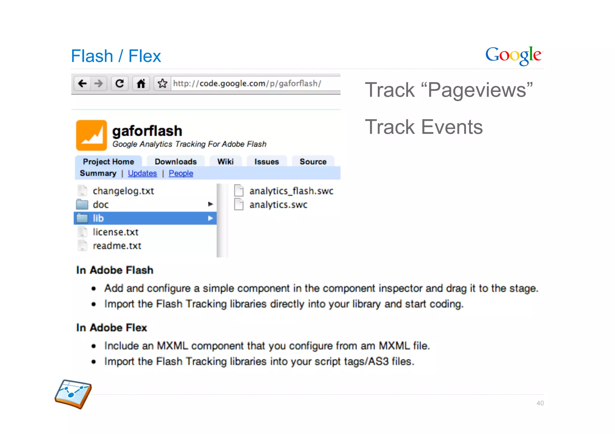 Flash / Flex
               Track “Pageviews”
               Track Events




                                   40
 