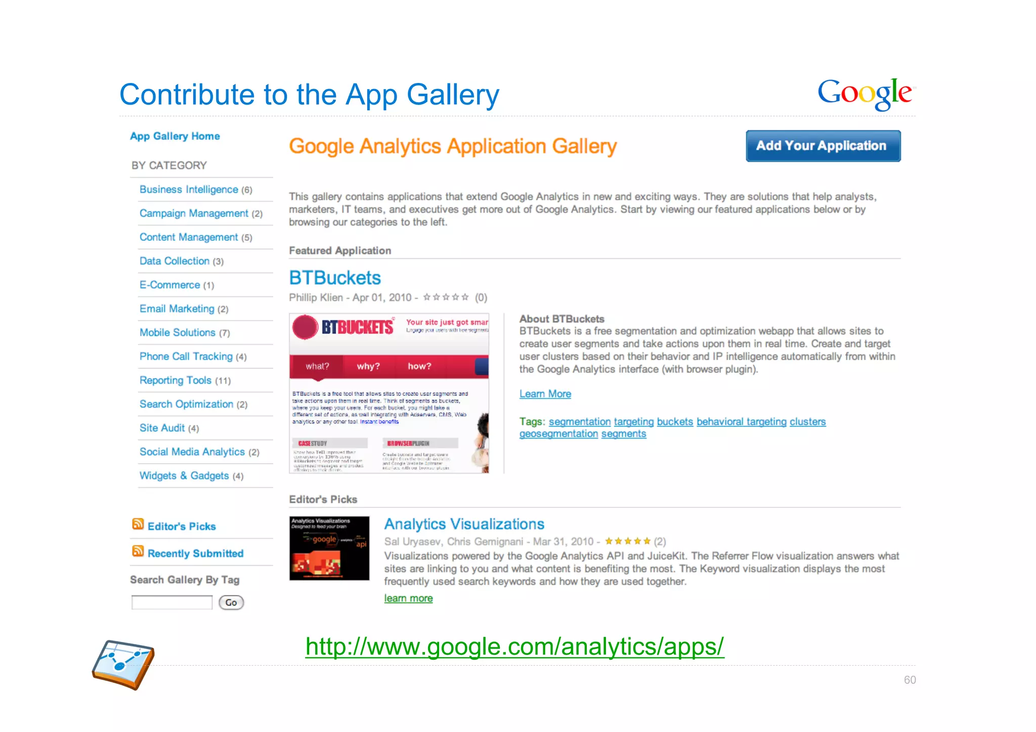 Contribute to the App Gallery




              http://www.google.com/analytics/apps/
                                                      60
 