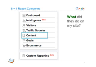 6 + 1 Report Categories


                          What did
                          they do on
                          my site?




                                   10
 