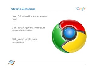 Chrome Extensions

Load GA within Chrome extension
page


Call _trackPageView to measure
extension activation


Call _trackEvent to track
interactions




                                  39
 