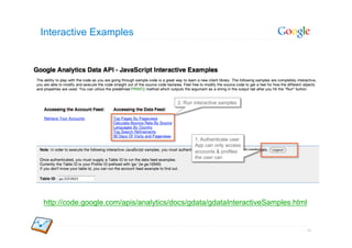 Interactive Examples




                                       2. Run interactive samples




                                              1. Authenticate user.
                                              App can only access
                                              accounts & profiles
                                              the user can




http://code.google.com/apis/analytics/docs/gdata/gdataInteractiveSamples.html


                                                                                45
 