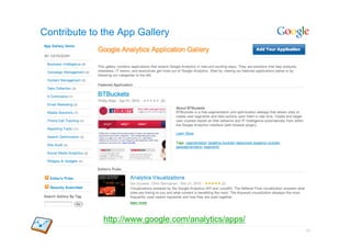 Contribute to the App Gallery




              http://www.google.com/analytics/apps/
                                                      60
 