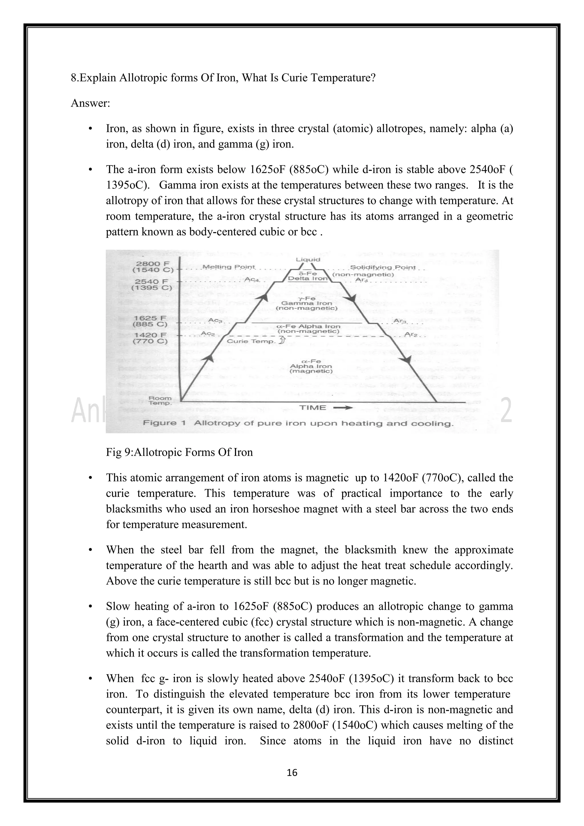 16
8.Explain Allotropic forms Of Iron, What Is Curie Temperature?
Answer:
• Iron, as shown in figure, exists in three crystal (atomic) allotropes, namely: alpha (a)
iron, delta (d) iron, and gamma (g) iron.
• The a-iron form exists below 1625oF (885oC) while d-iron is stable above 2540oF (
1395oC). Gamma iron exists at the temperatures between these two ranges. It is the
allotropy of iron that allows for these crystal structures to change with temperature. At
room temperature, the a-iron crystal structure has its atoms arranged in a geometric
pattern known as body-centered cubic or bcc .
Fig 9:Allotropic Forms Of Iron
• This atomic arrangement of iron atoms is magnetic up to 1420oF (770oC), called the
curie temperature. This temperature was of practical importance to the early
blacksmiths who used an iron horseshoe magnet with a steel bar across the two ends
for temperature measurement.
• When the steel bar fell from the magnet, the blacksmith knew the approximate
temperature of the hearth and was able to adjust the heat treat schedule accordingly.
Above the curie temperature is still bcc but is no longer magnetic.
• Slow heating of a-iron to 1625oF (885oC) produces an allotropic change to gamma
(g) iron, a face-centered cubic (fcc) crystal structure which is non-magnetic. A change
from one crystal structure to another is called a transformation and the temperature at
which it occurs is called the transformation temperature.
• When fcc g- iron is slowly heated above 2540oF (1395oC) it transform back to bcc
iron. To distinguish the elevated temperature bcc iron from its lower temperature
counterpart, it is given its own name, delta (d) iron. This d-iron is non-magnetic and
exists until the temperature is raised to 2800oF (1540oC) which causes melting of the
solid d-iron to liquid iron. Since atoms in the liquid iron have no distinct
 