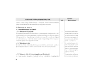 26
Colonia o barrio, código postal, municipio o delegación, entidad federativa, teléfonos
(incluir la clave actualizada de larga distancia), fax y correo electrónico.
II. DESCRIPCIÓN DEL PROYECTO
II.1 Información general del proyecto
II.1.1 Naturaleza del proyecto
En esta sección se deberá caracterizar técnica y ambientalmente el proyecto que se pre-
tende realizar, destacando sus principales atributos, identificando los elementos ambien-
tales que pueden ser integrados o aprovechados en su desarrollo y describiendo el grado
de sustentabilidad que se pretende alcanzar cuando el proyecto logre el nivel de aprove-
chamiento óptimo de su capacidad instalada.
II.1.2 Selección del sitio
Describir los criterios ambientales, técnicos y socioeconómicos, considerados para la se-
lección del sitio. Ofrecer un análisis comparativo de otras alternativas estudiadas.
II.1.3 Ubicación física del proyecto y planos de localización
a) Incluir un plano topográfico actualizado, en el que se detallen la o las poligonales
Identificación de los atribu-
tos del proyecto en relación
al mantenimiento o a la al-
teración de las característi-
cas ambientales del sitio
donde se establecerá.
La autoridad basa su aten-
ción en la selección susten-
tada en criterios objetivos,
lógicos y orientados a ate-
nuar la incidencia negativa
sobre el ambiente.
1
1
2
Proyectos que no favorez-
can sinergias con desarro-
GUÍA SECTOR TURISMO MODALIDAD PARTICULAR
Valor
CRITERIOS
Aplicación para
 