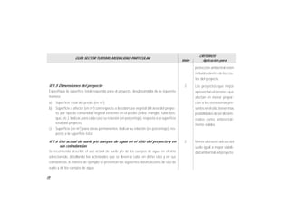 28
protección ambiental estén
incluidos dentro de los cos-
tos del proyecto.
Los proyectos que mejor
aprovechanel terreno y que
afectan en menor propor-
ción a los ecosistemas pre-
sentes enel sitio,tienen mas
posibilidadesde serdictami-
nados como ambiental-
mente viables.
Menoralteración del uso del
suelo igual a mayor viabili-
dad ambiental del proyecto.
II.1.5 Dimensiones del proyecto
Especifique la superficie total requerida para el proyecto, desglosándola de la siguiente
manera:
a) Superficie total del predio (en m2
).
b) Superficie a afectar (en m2
) con respecto a la cobertura vegetal del área del proyec-
to, por tipo de comunidad vegetal existente en el predio (selva, manglar, tular, bos-
que, etc.). Indicar, para cada caso su relación (en porcentaje), respecto a la superficie
total del proyecto.
c) Superficie (en m2
) para obras permanentes. Indicar su relación (en porcentaje), res-
pecto a la superficie total.
II.1.6 Uso actual de suelo y/o cuerpos de agua en el sitio del proyecto y en
sus colindancias
Se recomienda describir el uso actual de suelo y/o de los cuerpos de agua en el sitio
seleccionado, detallando las actividades que se lleven a cabo en dicho sitio y en sus
colindancias. A manera de ejemplo se presentan las siguientes clasificaciones de uso de
suelo y de los cuerpos de agua:
2
GUÍA SECTOR TURISMO MODALIDAD PARTICULAR
Valor
CRITERIOS
Aplicación para
2
 