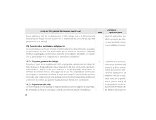 30
GUÍA SECTOR TURISMO MODALIDAD PARTICULAR
Valor
CRITERIOS
Aplicación para
líneas telefónicas, etc). De no disponerse en el sitio, indique cual es la infraestructura
necesaria para otorgar servicios y quien será el responsable de construirla y/u operarla
(promovente o un tercero).
II.2 Características particulares del proyecto
Se recomienda que se ofrezca información sintetizada de las obras principales, asociadas
y/o provisionales en cada una de las etapas que se indican en esta sección, debiendo
destacar las principales características de diseño de las obras y actividades en relación
con su participación en la reducción de las alteraciones al ambiente.
II.2.1 Programa general de trabajo
Presentar a través de un diagrama de Gantt, un programa calendarizado de trabajo de
todo el proyecto, desglosado por etapas (preparación del sitio, construcción, operación,
mantenimiento y abandono del sitio), señalando el tiempo que llevará su ejecución, en
términos de semanas, meses o años, según sea el caso. Para el período de construcción
de las obras, es conveniente considerar el tiempo que tomará la construcción los períodos
estimados para la obtención de otras autorizaciones como licencias, permisos, licitaciones
y obtención de créditos, que puedan llegar a postergar el inicio de la construcción.
II.2.2 Preparación del sitio
Serecomiendaque enésteapartadosehagaunadescripciónconcretayobjetivade lasprincipa-
les actividades que integran esta etapa, señalando características,diseños o modalidades.
3 La identificación de las ca-
racterísticas de diseño del
proyecto y de las etapas
críticas que propicien alte-
raciones significativas al
ambiente,tanto porsumag-
nitud como por su perma-
nencia, permite asociar el
efecto del diseño con la re-
ducciónde laintensidady de
los tiempos que ocupan las
impactos adicionales, por
ello, los proyectos que ofre-
cen esa característica tienen
mayorviabilidad ambiental.
 