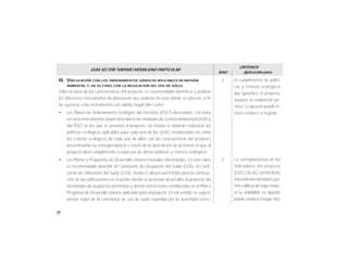 34
GUÍA SECTOR TURISMO MODALIDAD PARTICULAR
Valor
CRITERIOS
Aplicación para
El cumplimiento de políti-
cas y criterios ecológicos
que garantice el proyecto,
asegura su evaluación po-
sitiva. Lo opuesto puede in-
cluso conducir a negarla.
La correspondencia de los
indicadores del proyecto
(COS,CUS,etc),conlosdelos
instrumentosnormativos,per-
mite calificar de mejor mane-
ra su viabilidad. Lo opuesto
puede conducir a negar ésta.
III. VINCULACIÓN CON LOS ORDENAMIENTOS JURIDICOS APLICABLES EN MATERIA
AMBIENTAL Y, EN SU CASO, CON LA REGULACIÓN DEL USO DE SUELO
Sobre la base de las características del proyecto, es recomendable identificar y analizar
los diferentes instrumentos de planeación que ordenan la zona donde se ubicará, a fin
de sujetarse a los instrumentos con validéz legal tales como:
• Los Planes de Ordenamiento Ecológico del Territorio (POET) decretados. Con base
en estos instrumentos deben describirse las Unidades de GestiónAmbiental (UGA's)
del POET en las que se asentará el proyecto; asi mismo se deberán relacionar las
políticas ecológicas aplicables para cada una de las UGA's involucradas así como
los criterios ecológicos de cada una de ellas, con las características del proyecto,
determinando su correspondencia a través de la descripción de la forma en que el
proyecto dará cumplimiento a cada una de dichas políticas y criterios ecológicos.
• Los Planes y Programas de Desarrollo Urbano Estatales, Municipales. En este rubro
es recomendable describir el Coeficiente de Ocupación del Suelo (COS), el Coefi-
ciente de Utilización del Suelo (CUS), niveles o alturas permitidas para la construc-
ción de las edificaciones en el predio donde se pretende desarrollar el proyecto, las
densidades de ocupación permitidas y demás restricciones establecidas en el Plan o
Programa de Desarrollo Urbano aplicable para el proyecto. En tal sentido, se sugiere
anexar copia de la constancia de uso de suelo expedida por la autoridad corres-
3
3
 