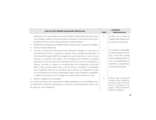 35
GUÍA SECTOR TURISMO MODALIDAD PARTICULAR
Valor
CRITERIOS
Aplicación para
pondiente,en la cual se indiquen los usos permitidos,condicionados y los que estuvie-
ran prohibidos, también se recomienda que se destaque en este documento la corres-
pondencia de éstos con los usos que propone el propio proyecto.
• Programas de recuperación y restablecimiento de las zonas de restauración ecológica.
• Normas Oficiales Mexicanas.
• Decretos y Programas de Manejo de Áreas Naturales Protegidas. En este rubro se
recomienda mencionar si el proyecto se ubicará total o parcialmente dentro de un
Área Natural Protegida (ANP) y la categoría a la que ésta pertenece, de ser el caso,
indicará si se afecta la zona núcleo o de amortiguamiento. Asimismo, se señalará
claramente si en el documento de declaratoria de ANP, así como en su Programa de
Manejo, se permite, se regula o se restringe la obra o la actividad que se pretende
llevar a cabo y de qué modo lo hace, a fin de verificar si el proyecto es compatible
con la regulación existente. Es conveniente que lo anterior se acompañe de un pla-
no a escala gráfica en el que se detalle algún rasgo o punto fisiográfico, topográfico
o urbano reconocible,con el fin de lograr una mejor referenciación de la zona.
• Bandos y reglamentos municipales.
En caso de que existan otros ordenamientos legales aplicables, es recomendable revisar-
lo e identificar la congruencia del proyecto en relación con las disposiciones sobre el uso
de suelo que estos establezcan.
Verificar que el proyecto
cumpla conlasdisposiciones
que existan en la materia.
Los proyectos compatibles
con los instrumentos norma-
tivos de las ANP tendrán
mayorviabilidad ambiental.
Si la incompatibilidad es
manifiesta, se negará la au-
torización del proyecto.
Verificar que el proyecto
cumpla con las disposicio-
nes que existan en la ma-
teria. Si el proyecto no se
ajusta a ellos el dictamen
podrá ser negativo.
3
3
3
 