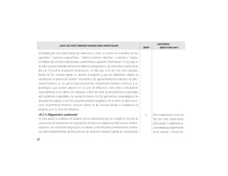 52
GUÍA SECTOR TURISMO MODALIDAD PARTICULAR
Valor
CRITERIOS
Aplicación para
asimilados por una colectividad, los elementos a tener en cuenta en el análisis son los
siguientes: 1
aspectos cognoscitivos, 2
valores y normas colectivas, 3
creencias y 4
signos.
El análisis del sistema cultural debe suministrar la siguiente información: 1) uso que se
da a los recursos naturales del área de influencia del proyecto;así como a las caracteristicas
del uso, 2) nivel de aceptación del proyecto, 3) valor que se le da a los sitios ubicados
dentro de los terrenos dónde se ubicará el proyecto y que los habitantes valoran al
constituirse en puntos de reunión, recreación o de aprovechamiento colectivo, 4) patri-
monio histórico, en el cual se caracterizarán los monumentos histórico-artísticos y ar-
queológicos que puedan ubicarse en su zona de influencia, estos sitios se localizarán
espacialmente en un plano. Sin embargo, si bien los sitios ya descubiertos y registrados
son fácilmente respetables, no sucede lo mismo con los yacimientos arqueológicos no
descubiertos todavía, o con los conjuntos urbanos singulares. Por lo tanto se debe inven-
tariar el patrimonio histórico existente dentro de los terrenos donde se establecerá el
proyecto y en su zona de influencia.
IV.2.5 Diagnóstico ambiental
En este punto se realizará un análisis con la información que se recopiló en la fase de
caracterización ambiental, con el propósito de hacer un diagnóstico del sistema ambien-
tal previo a la realización del proyecto, en donde se identificarán y analizarán las tenden-
cias del comportamiento de los procesos de deterioro natural y grado de conservación
Este componente es uno de
los tres más importantes
del estudio. Esaltamente re-
comendablequeelpromovente
no se concrete a ofrecer lis-
3
 
