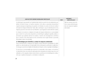58
GUÍA SECTOR TURISMO MODALIDAD PARTICULAR
Valor
CRITERIOS
Aplicación para
tes del proyecto que pueden ser fundamentales desde un punto de vista ambiental y, por
último, el hecho de que, en muchas ocasiones, en la obra se presentan desviaciones
respecto al proyecto original que no pueden ser tomadas en cuenta a la hora de realizar
el Estudio de Impacto Ambiental. Todos ellos contribuyen a que la identificación de los
impactos presente cierta dosis de incertidumbre, cuya magnitud resulta dificil de evaluar
En relación a lo anterior, al elaborar el Estudio de Impacto Ambiental es recomendable
que se tomen en cuenta estas situaciones y se identifiquen y apliquen aquellos análisis o
previsiones que pudieran derivar de estudios o reportes de investigaciones científicas
que se refieran a los ciclos básicos de los ecosistemas de la región donde se pretenda
desarrollar la obra o la actividad.
V.1 Metodología para identificar y evaluar los impactos ambientales
Para la identificación y evaluación de impactos existen diferentes metodologías, la cuales
podrán ser seleccionadas por el responsable técnico del proyecto, justificando su aplicación.
Enésta guía se presenta el empleode indicadoresde impacto,comounejemplometodológico.
En esta fase es recomendable que el proceso se desarrolle en dos etapas: en la primera
es importante hacer una selección adecuada de los indicadores de impacto que van a ser
utilizados y en la segunda, deberá seleccionarse y justificarse la metodología de evalua-
ción que se aplicará al proyecto o actividad en evaluación.
falta de sustento de la mis-
ma es causa suficiente para
dar una respuesta negativa
del estudio.
 