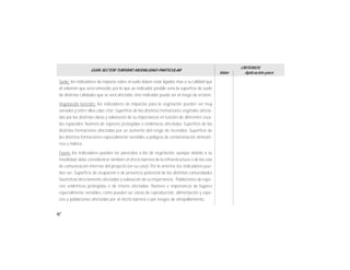 62
GUÍA SECTOR TURISMO MODALIDAD PARTICULAR
Valor
CRITERIOS
Aplicación para
Suelo: los indicadores de impacto sobre el suelo deben estar ligados mas a su calidad que
al volumen que será removido, por lo que un indicador posible sería la superficie de suelo
de distintas calidades que se verá afectado, otro indicador puede ser el riesgo de erosión.
Vegetación terrestre: los indicadores de impactos para la vegetación pueden ser muy
variados y entre ellos cabe citar: Superficie de las distintas formaciones vegetales afecta-
das por las distintas obras y valoración de su importancia en función de diferentes esca-
las espaciales. Número de especies protegidas o endémicas afectadas. Superficie de las
distintas formaciones afectadas por un aumento del riesgo de incendios. Superficie de
las distintas formaciones especialmente sensibles a peligros de contaminación atmosfé-
rica o hídrica.
Fauna: los indicadores pueden ser parecidos a los de vegetación, aunque debido a su
movilidad, debe considerarse también el efecto barrera de la infraestructura o de las vías
de comunicación internas del proyecto (en su caso). Por lo anterior, los indicadores pue-
den ser: Superficie de ocupación o de presencia potencial de las distintas comunidades
faunísticas directamente afectadas y valoración de su importancia. Poblaciones de espe-
cies endémicas protegidas o de interés afectadas. Número e importancia de lugares
especialmente sensibles, como pueden ser zonas de reproducción, alimentación y espe-
cies y poblaciones afectadas por el efecto barrera o por riesgos de atropellamiento.
 