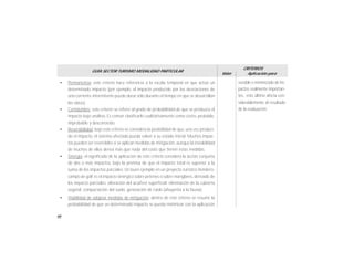66
GUÍA SECTOR TURISMO MODALIDAD PARTICULAR
Valor
CRITERIOS
Aplicación para
• Permanencia: este criterio hace referencia a la escala temporal en que actúa un
determinado impacto (por ejemplo, el impacto producido por las desviaciones de
una corriente intermitente puede durar sólo durante el tiempo en que se desarrollan
las obras).
• Certidumbre: este criterio se refiere al grado de probabilidad de que se produzca el
impacto bajo análisis. Es común clasificarlo cualitativamente como cierto, probable,
improbable y desconocido.
• Reversibilidad: bajo este criterio se considera la posibilidad de que, una vez produci-
do el impacto, el sistema afectado pueda volver a su estado inicial. Muchos impac-
tos pueden ser reversibles si se aplican medidas de mitigación, aunque la inviabilidad
de muchos de ellos deriva más que nada del costo que tienen éstas medidas.
• Sinergia: el significado de la aplicación de este criterio considera la acción conjunta
de dos o más impactos, bajo la premisa de que el impacto total es superior a la
suma de los impactos parciales. Un buen ejemplo en un proyecto turístico-hotelero-
campo de golf es el impacto sinérgico sobre petenes o sobre manglares, derivado de
los impacto parciales: alteración del acuífero superficial, eliminación de la cubierta
vegetal, compactación del suelo, generación de ruido (ahuyenta a la fauna).
• Viabilidad de adoptar medidas de mitigación: dentro de este criterio se resume la
probabilidad de que un determinado impacto se pueda minimizar con la aplicación
vorable o minimizado de im-
pactos realmente importan-
tes, esto último afecta con-
siderablemente al resultado
de la evaluación.
 