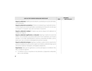 82
GUÍA SECTOR TURISMO MODALIDAD PARTICULAR
Valor
CRITERIOS
Aplicación para
Impacto ambiental: Modificación del ambiente ocasionada por la acción del hombre
o de la naturaleza.
Impacto ambiental acumulativo: El efecto en el ambiente que resulta del incremen-
to de los impactos de acciones particulares ocasionado por la interacción con otros que
se efectuaron en el pasado o que están ocurriendo en el presente.
Impacto ambiental residual: El impacto que persiste después de la aplicación de
medidas de mitigación.
Impacto ambiental significativo o relevante: Aquel que resulta de la acción del
hombre o de la naturaleza, que provoca alteraciones en los ecosistemas y sus recursos
naturales o en la salud, obstaculizando la existencia y desarrollo del hombre y de los
demás seres vivos, así como la continuidad de los procesos naturales.
Impacto ambiental sinérgico: Aquel que se produce cuando el efecto conjunto de la
presencia simultánea de varias acciones supone una incidencia ambiental mayor que la
suma de las incidencias individuales contempladas aisladamente.
Importancia: Indica qué tan significativo es el efecto del impacto en el ambiente. Para
ello se considera lo siguiente:
a) La condición en que se encuentran el o los elementos o componentes ambientales
que se verán afectados.
 
