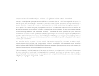 88
una interacción, las cuales identifican impactos potenciales, cuya significación habrá de evaluarse posteriormente.
Una matriz interactiva simple, muestra las acciones del proyecto o actividades en un eje, y los factores ambientales pertinentes a lo
largo del otro eje de la matriz. Cuando se espera que una acción determinada provoque un cambio en un factor ambiental, este se
anota en el punto de intersección de la matriz, y se describe además en término de consideraciones de magnitud e importancia.
Para la identificación de efectos de segundo, tercer grado se puede recurrir a la realización de matrices sucesivas o escalonadas, una
de cuyas entradas son los efectos primarios, secundarios, causa a su vez de efectos secundarios, terciarios respectivamente, sobre los
factores ambientales dispuestos en la otra entrada. Se pueden ir construyendo de manera escalonada: la primera matriz está
constituida por los factores del medio y las acciones del proyecto para obtener en los cruces los efectos primarios. La segunda matriz
se apoya en la primera al situar dichos efectos en la entrada por columnas y disponer en los cruces los efectos secundarios. La tercera
matriz se apoya a su vez, en ésta, pues dichos efectos secundarios se cruzan con los factores del medio para obtener los impactos
terciarios, y así sucesivamente.
Para analizar los impactos secundarios y terciarios derivados de las acciones del proyecto, se puede utilizar una matriz en etapas,
también llamadas matrices cruzadas o de acción recíproca. Esta matriz utiliza también la técnica entradas-salidas; se trata de
matrices cuadradas en las cuales los factores ambientales o los riesgos de impacto aparecen dispuestos en filas como primarios y en
columnas como secundarios, representando la interacción en los cruces.
Cabe mencionar que la Matriz de Leopold, un ejemplo de este tipo de matrices, no es propiamente un modelo para realizar estudios
de impacto ambiental, sino una forma de sintetizar y visualizar los resultados de tales estudios; así, esta matriz sólo tiene sentido si
está acompañada de un inventario ambiental y de una explicación sobre los impactos identificados, de su valor, de las medidas para
mitigarlos, y de un programa de seguimiento y control.
 