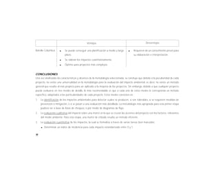 96
Batelle-Columbus l Se puede conseguir una planificación a medio y largo
plazo.
l Se valoran los impactos cuantitativamente.
l Óptimo para proyectos más complejos.
l Requieren de un conocimiento previo para
su elaboración e interpretación.
Ventajas Desventajas
CONCLUSIONES
Una vez analizadas las características y alcances de la metodología seleccionada, se concluye que debido a la peculiaridad de cada
proyecto, no existe una universalidad en la metodología para la evaluación del impacto ambiental, es decir, no existe un método
general que resulte el más propicio para ser aplicado a la mayoría de los proyectos. Sin embargo, debido a que cualquier proyecto
puede evaluarse en tres niveles de detalle, lo más recomendable es que a cada uno de estos niveles le corresponda un método
específico, adaptados a las particularidades de cada proyecto. Estos niveles consisten en :
1. La identificación de los impactos ambientales para detectar cuales se producen, si son tolerables, si se requieren medidas de
prevención o mitigación, o si se pasan a una evaluación más detallada. La metodología más apropiada para esta primer etapa
pudiera ser a base de listas de chequeo, o por medio de diagramas de flujo.
2. La evaluación cualitativa del impacto sobre una matriz en la que se cruzan las acciones del proyecto con los factores relevantes
del medio ambiente. Para esta etapa, una matriz de cribado resulta un método eficiente.
3. La evaluación cuantitativa de los impactos, la cual se formaliza a través de varias tareas bien marcadas:
l Determinar un índice de incidencia para cada impacto estandarizado entre 0 y 1.
 