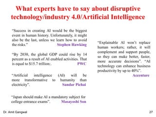 What experts have to say about disruptive
technology/industry 4.0/Artificial Intelligence
“Success in creating AI would be the biggest
event in human history. Unfortunately, it might
also be the last, unless we learn how to avoid
the risks.” Stephen Hawking
“By 2030, the global GDP could rise by 14
percent as a result of AI enabled activities. That
is equal to $15.7 trillion:. PWC
“Artificial intelligence (AI) will be
more transformative to humanity than
electricity”. Sundar Pichai
“Japan should make AI a mandatory subject for
college entrance exams”. Masayoshi Son
“Explainable AI won’t replace
human workers; rather, it will
complement and support people,
so they can make better, faster,
more accurate decisions”. “AI
technology can enhance business
productivity by up to 40%”.
Accenture
27Dr. Amit Gangwal
 