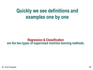 Quickly we see definitions and
examples one by one
Regression & Classification
are the two types of supervised machine learning methods.
38Dr. Amit Gangwal
 