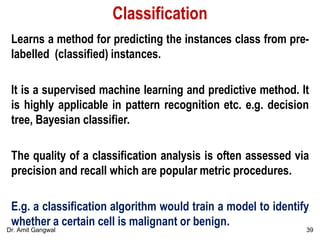 Classification
Learns a method for predicting the instances class from pre-
labelled (classified) instances.
It is a supervised machine learning and predictive method. It
is highly applicable in pattern recognition etc. e.g. decision
tree, Bayesian classifier.
The quality of a classification analysis is often assessed via
precision and recall which are popular metric procedures.
E.g. a classification algorithm would train a model to identify
whether a certain cell is malignant or benign.
39Dr. Amit Gangwal
 