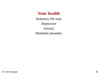 Your health
Sedentary life style
Depression
Anxiety
Metabolic disorders
66Dr. Amit Gangwal
 