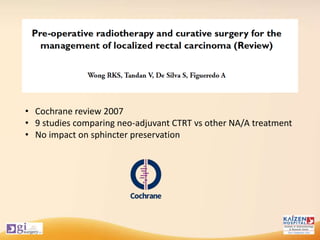 • Cochrane review 2007
• 9 studies comparing neo-adjuvant CTRT vs other NA/A treatment
• No impact on sphincter preservation
 