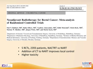 • 5 RCTs, 2393 patients, NACTRT vs NART
• Addition of CT to NART improves local control
• Higher toxicity
 