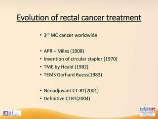 Evolution of rectal cancer treatment
• 3rd MC cancer worldwide
• APR – Miles (1908)
• Invention of circular stapler (1970)
• TME by Heald (1982)
• TEMS Gerhard Buess(1983)
• Neoadjuvant CT-RT(2001)
• Definitive CTRT(2004)
 