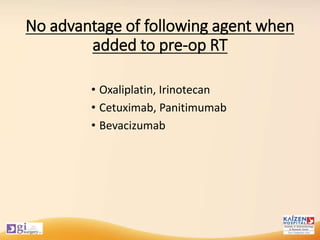 No advantage of following agent when
added to pre-op RT
• Oxaliplatin, Irinotecan
• Cetuximab, Panitimumab
• Bevacizumab
 
