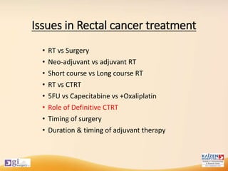 Issues in Rectal cancer treatment
• RT vs Surgery
• Neo-adjuvant vs adjuvant RT
• Short course vs Long course RT
• RT vs CTRT
• 5FU vs Capecitabine vs +Oxaliplatin
• Role of Definitive CTRT
• Timing of surgery
• Duration & timing of adjuvant therapy
 